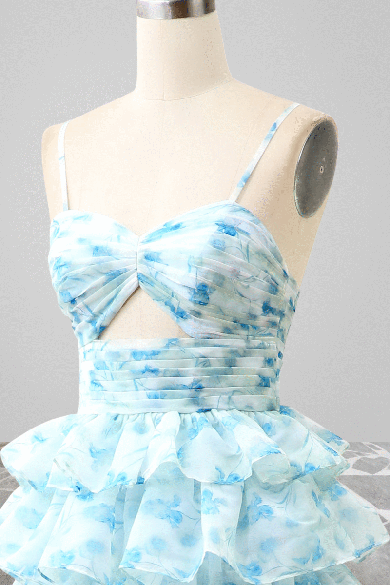 Blue Tiered Floral Print Prom Dress with Spaghetti Straps