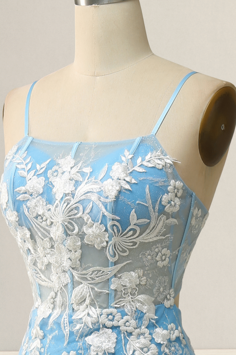 Blue Mermaid Spaghetti Strap Prom Dress with Appliques