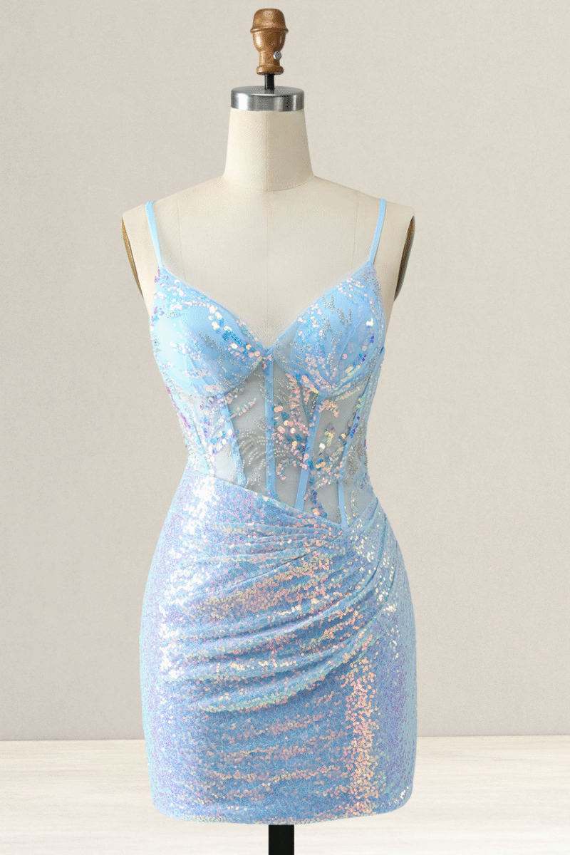 Sparkly Sky Blue Spaghetti Strap Short Homecoming Dress with Sequins