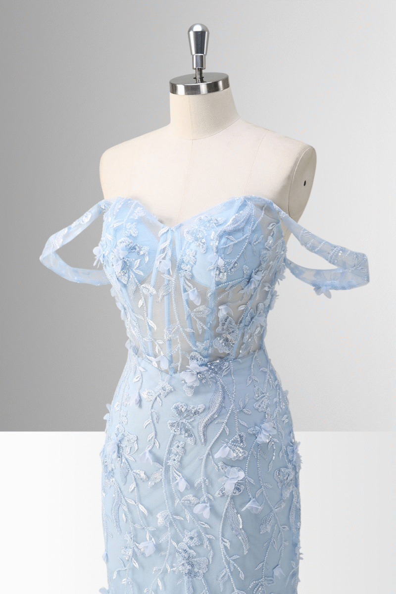 Blue Off-the-Shoulder Mermaid Prom Dress with Floral Appliques