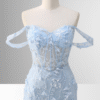 Blue Off-the-Shoulder Mermaid Prom Dress with Floral Appliques