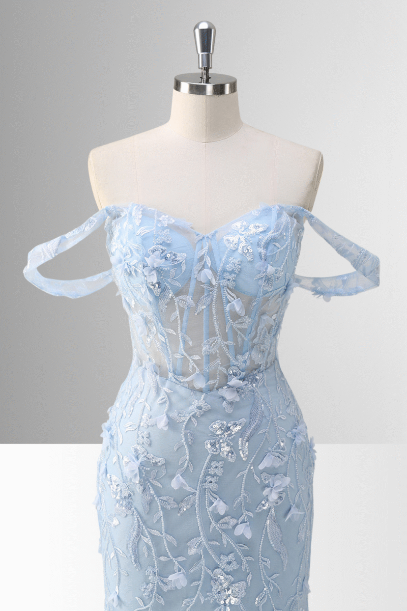 Blue Off-the-Shoulder Mermaid Prom Dress with Floral Appliques