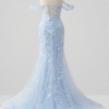 Blue Off-the-Shoulder Mermaid Prom Dress with Floral Appliques