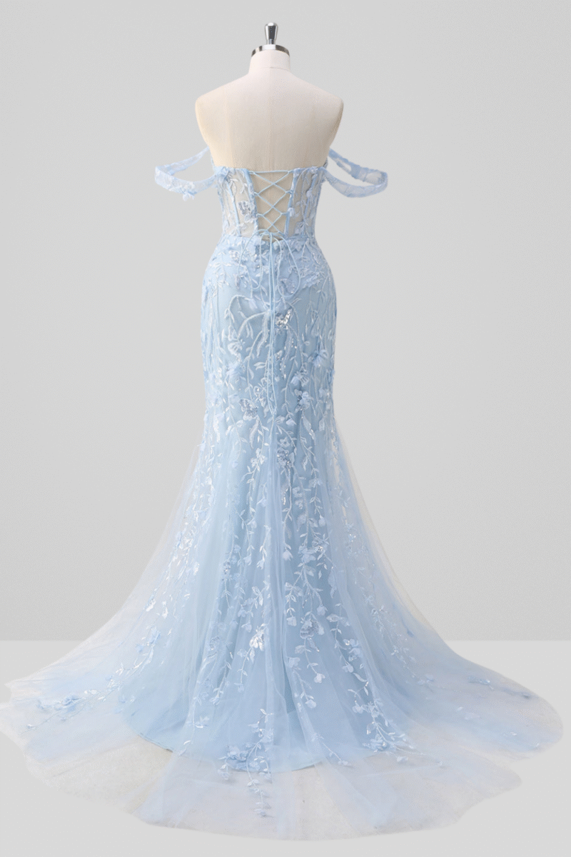 Blue Off-the-Shoulder Mermaid Prom Dress with Floral Appliques