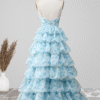 Blue Tiered Floral Print Prom Dress with Spaghetti Straps