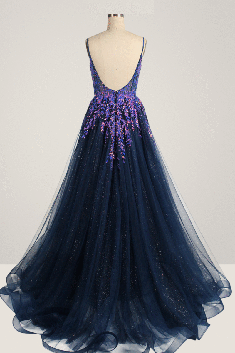 Sparkly Royal Blue Sequin Spaghetti Strap Dress with Slit