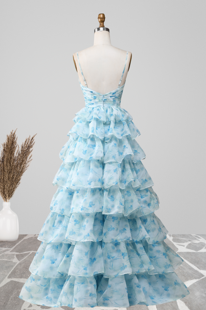 Blue Tiered Floral Print Prom Dress with Spaghetti Straps