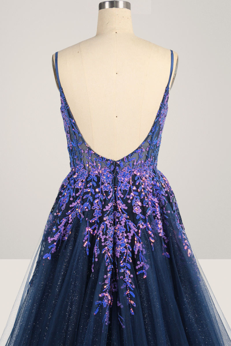 Sparkly Royal Blue Sequin Spaghetti Strap Dress with Slit