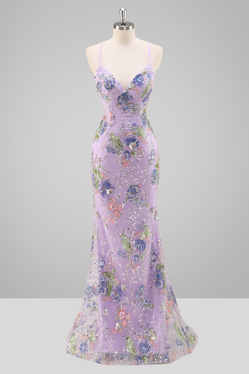 Mermaid Sparkly Lavender Floral Sequin Prom Dress