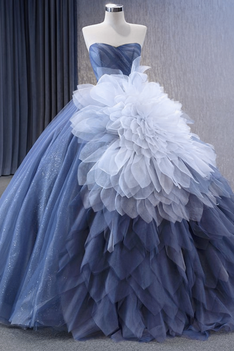 Sweetheart Blue Off-Shoulder Lace Applique Ball Gown