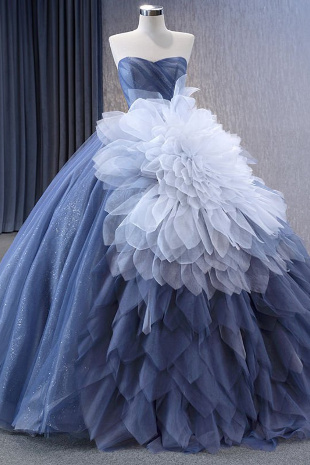 Sweetheart Blue Off-Shoulder Lace Applique Ball Gown