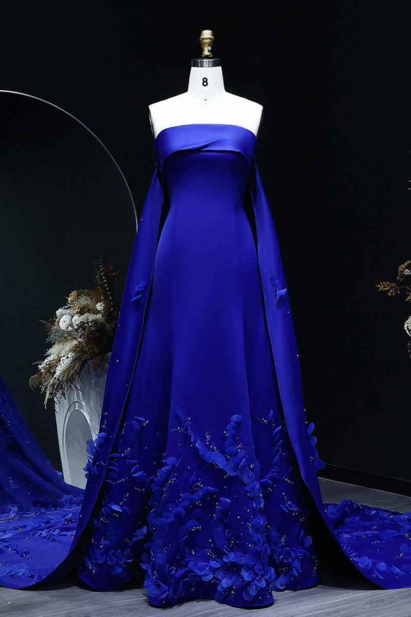 Luxury Blue 3D Flower Evening Dress with Cape Sleeves
