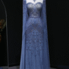 Luxury Blue Beaded Evening Dress with High Neck