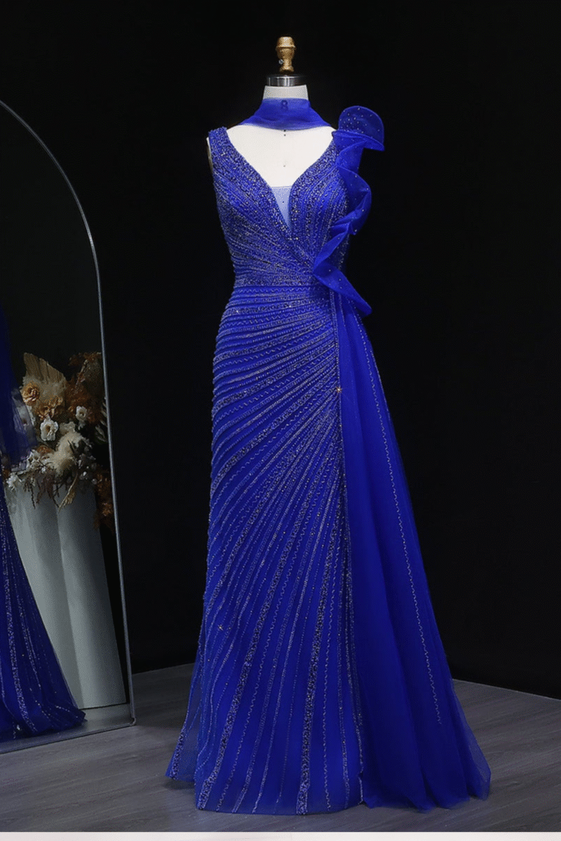 Beaded Mermaid Blue Evening Dress with Side Skirt Ruffles