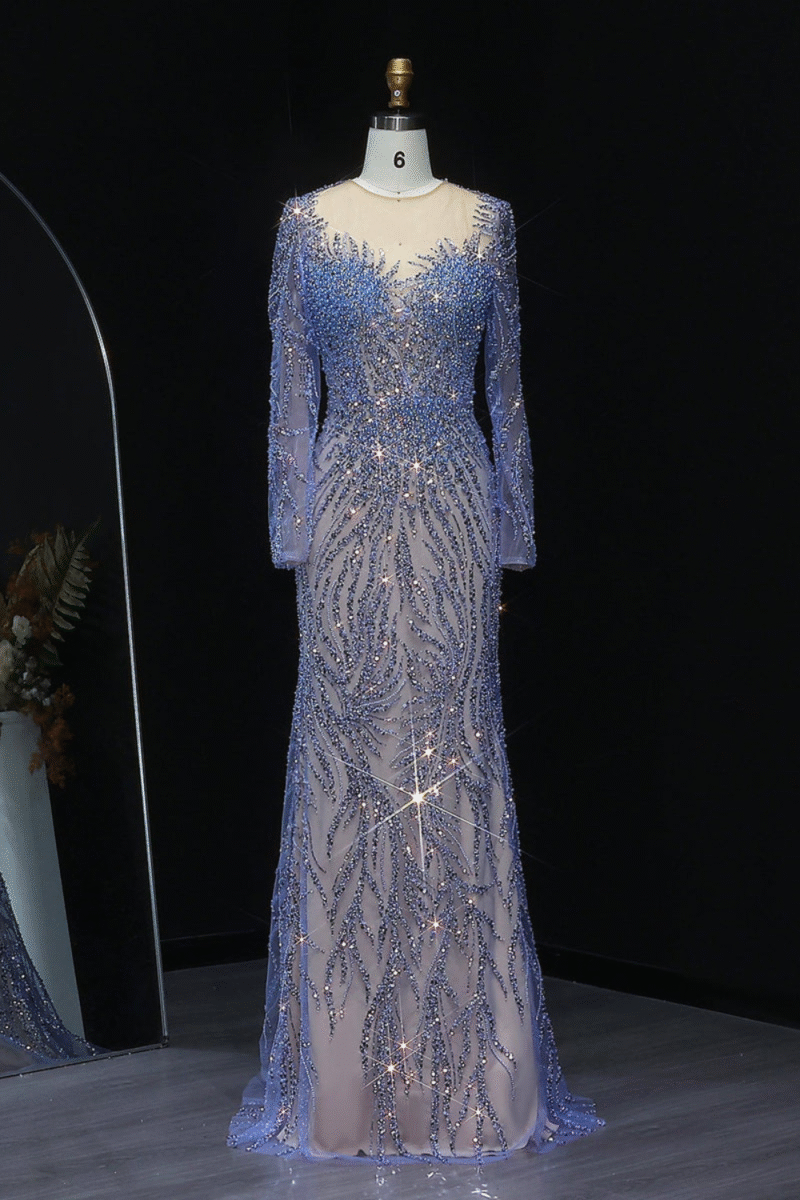 Blue Luxury Mermaid Long Sleeve Evening Dress