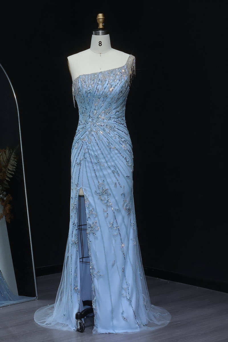 Elegant One Shoulder Tassel Mermaid Sky Blue Evening Dress