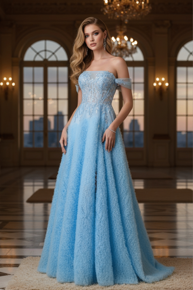 Sequin Blue Off-the-Shoulder A-Line Dress