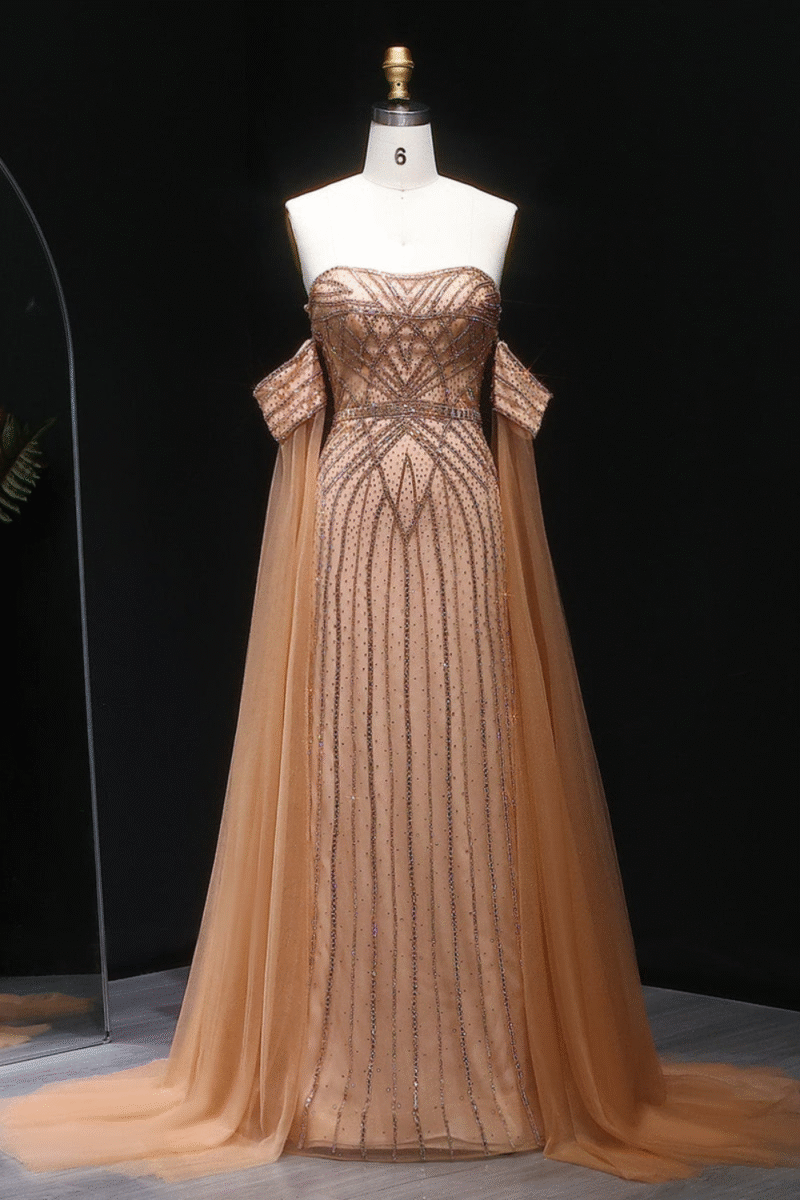 Sparkling Brown Rhinestones Mermaid Evening Dress with Cape Sleeves