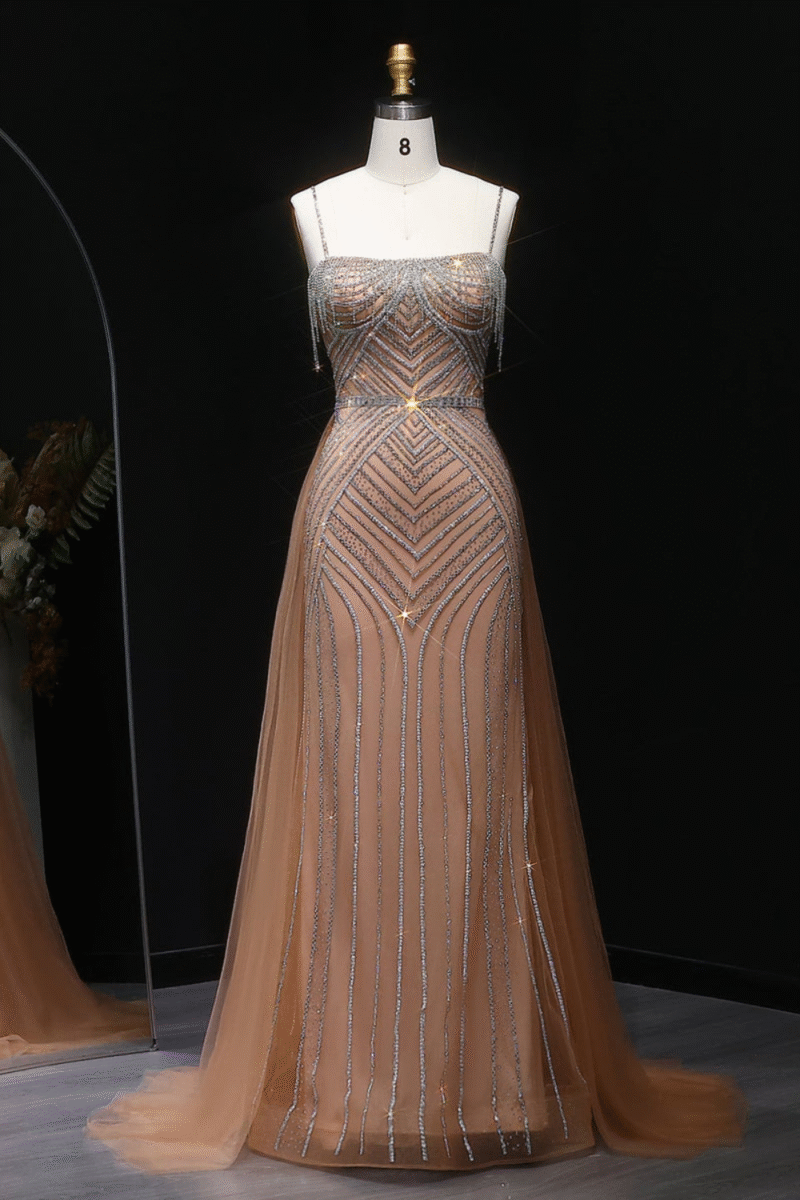 Sparkly Champagne Crystal Tassel Mermaid Pink Evening Dress with Overskirt