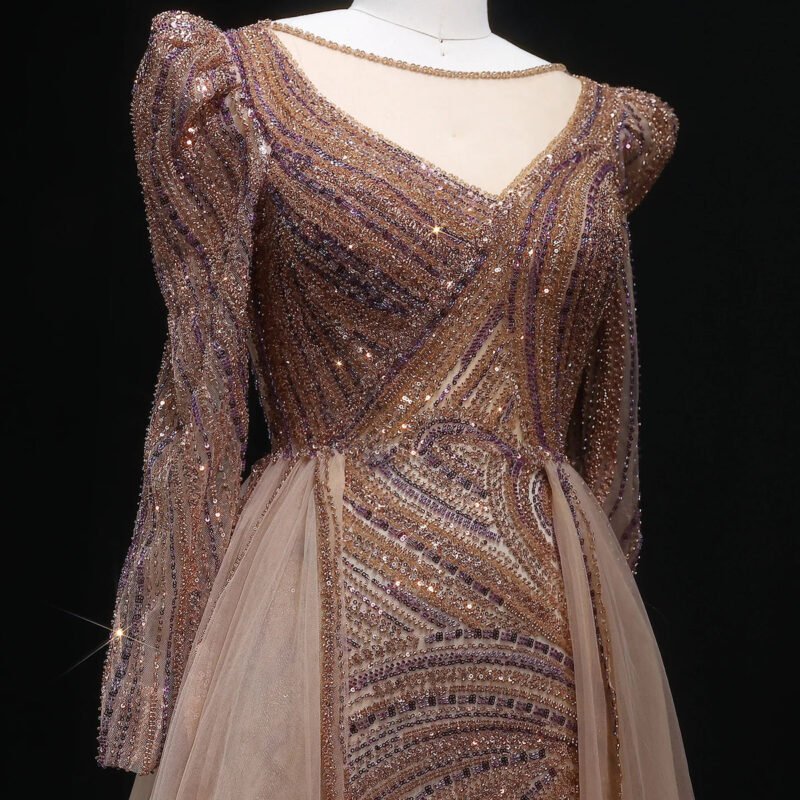 Luxury Brown Evening Dress with Overskirt & Long Sleeves
