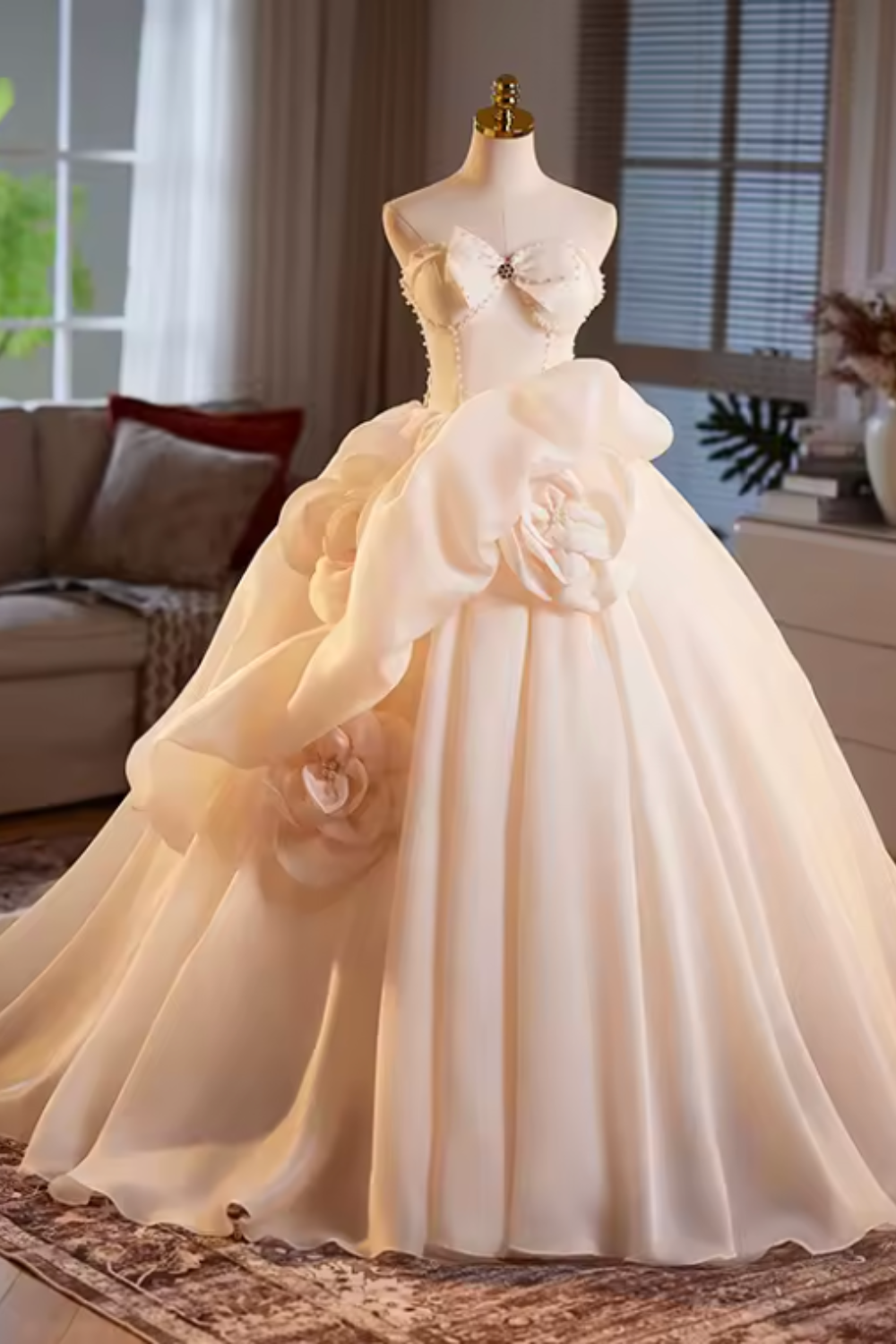 3D Floral Champagne Ball Gown Dress