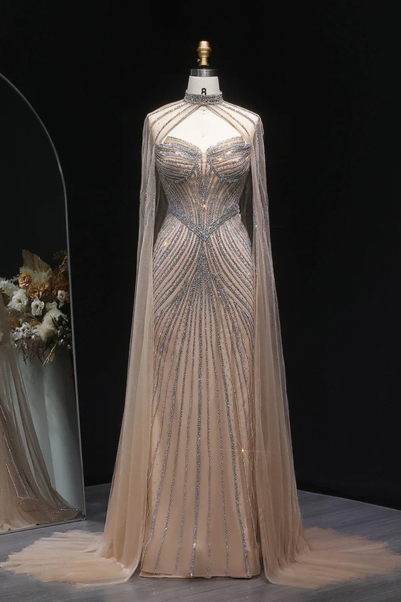 Sparkly Crystal Champagne Mermaid Evening Dress with Cape Sleeves