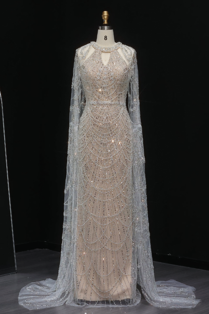 Stunning Champagne Evening Gown With Flowing Sleeves