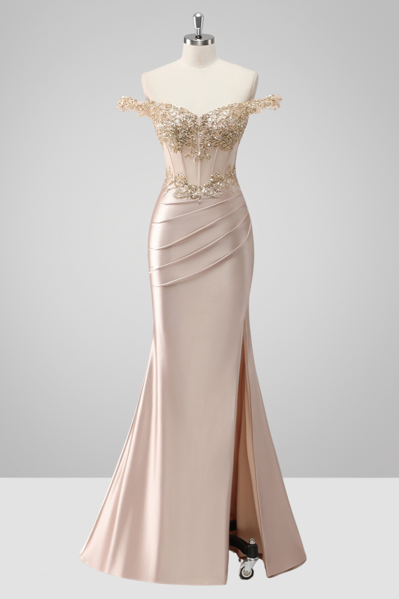 Sparkly Champagne Off-the-Shoulder Prom with Slit