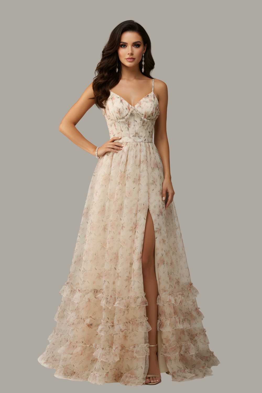 Apricot Floral Print A-Line Prom Dress – V-Neck Spaghetti Strap Gown with Lace-Up Back & Slit