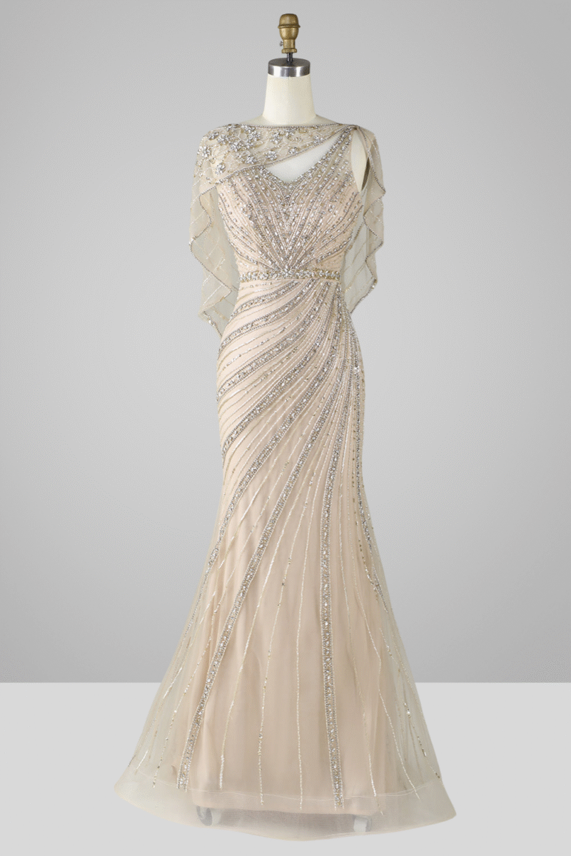 Champagne Beaded Mermaid Luxury Gown