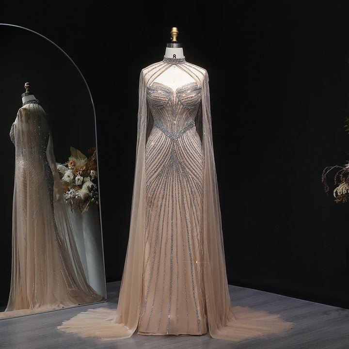 Sparkly Crystal Sky Blue Mermaid Evening Dress with Cape Sleeves