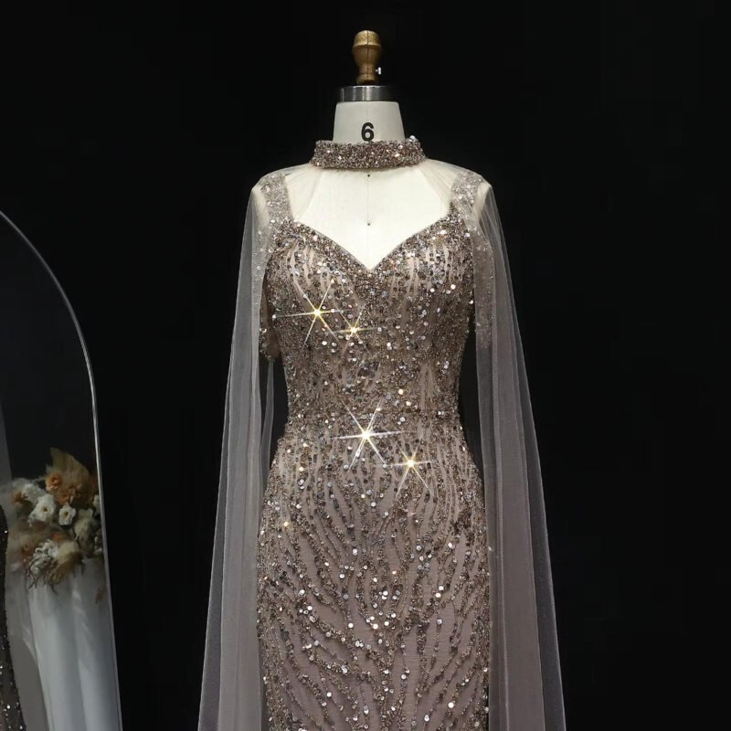 Pink Arabic Mermaid Evening Dress with Cape Sleeves