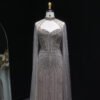 Luxury Crystal Grey Green Evening Dress With Cape Sleeves