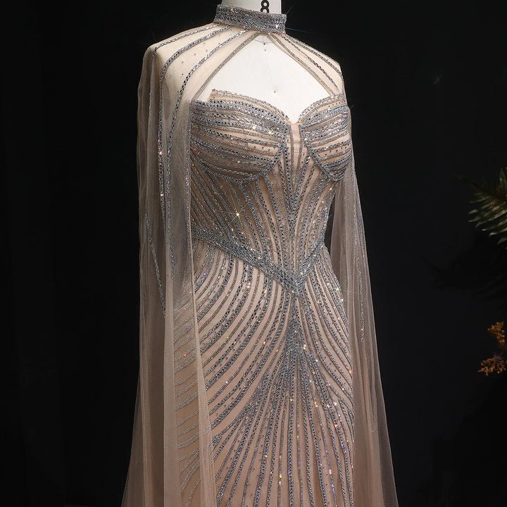 Sparkly Crystal Sky Blue Mermaid Evening Dress with Cape Sleeves