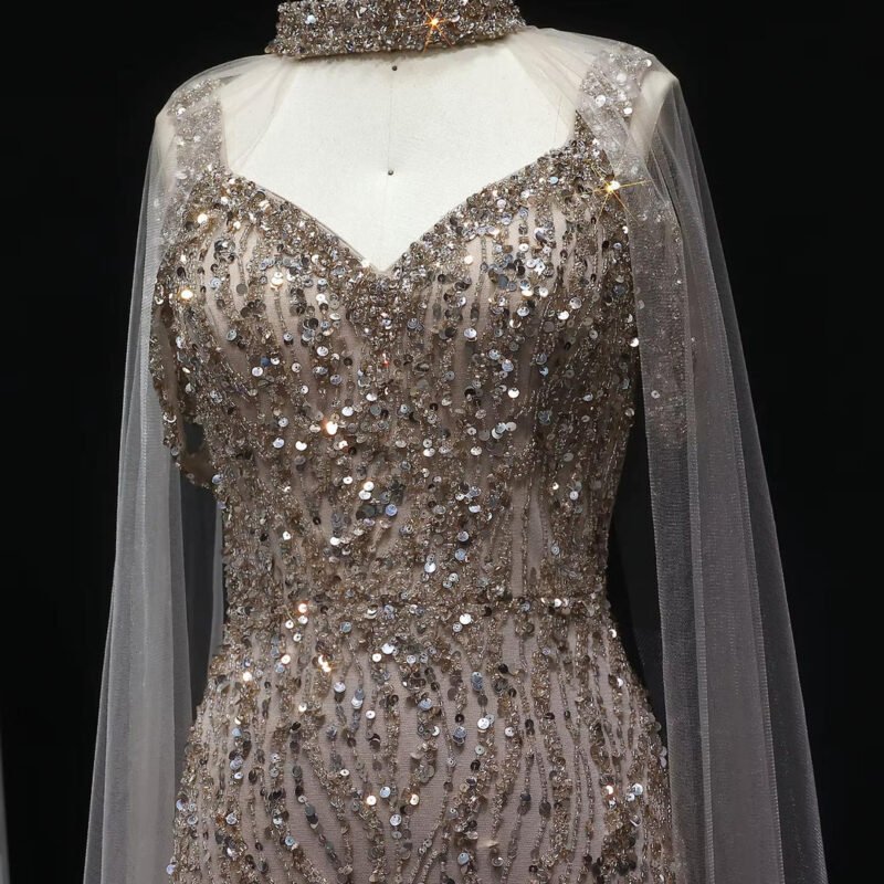 Pink Arabic Mermaid Evening Dress with Cape Sleeves