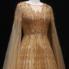 Luxury Dubai Beaded Brown Evening Dress with Cape Sleeves