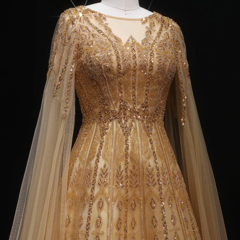 Luxury Dubai Beaded Brown Evening Dress with Cape Sleeves
