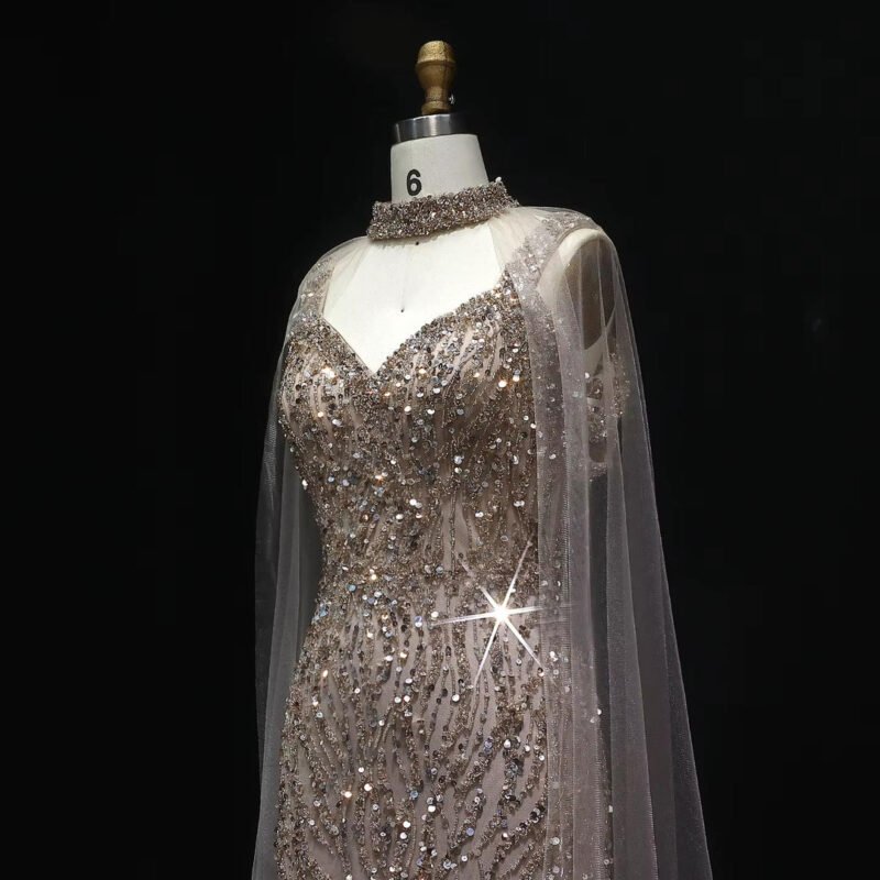 Pink Arabic Mermaid Evening Dress with Cape Sleeves