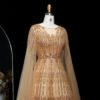 Luxury Dubai Beaded Brown Evening Dress with Cape Sleeves