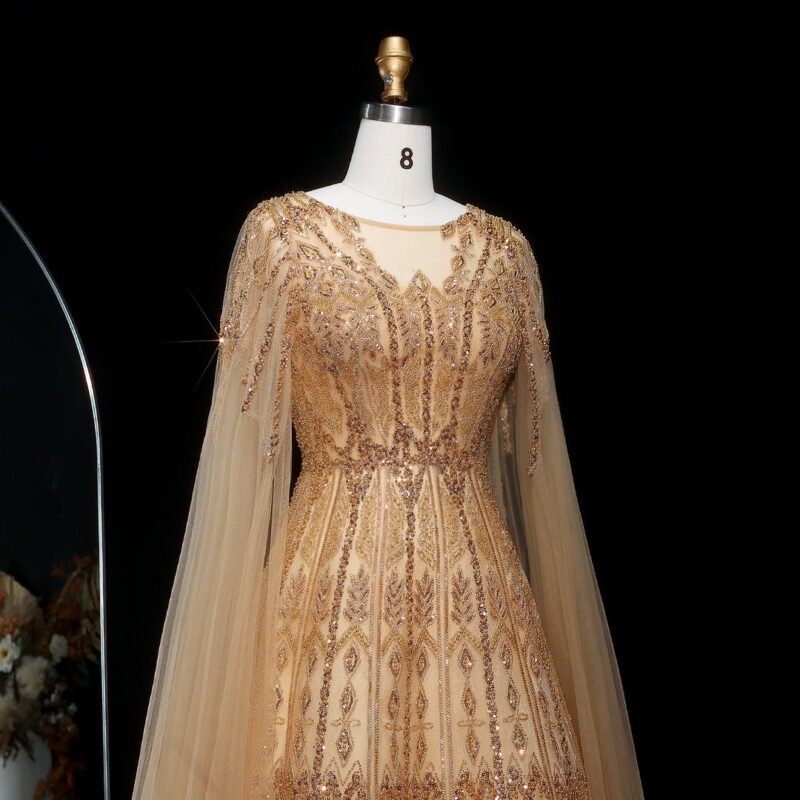 Luxury Dubai Beaded Brown Evening Dress with Cape Sleeves