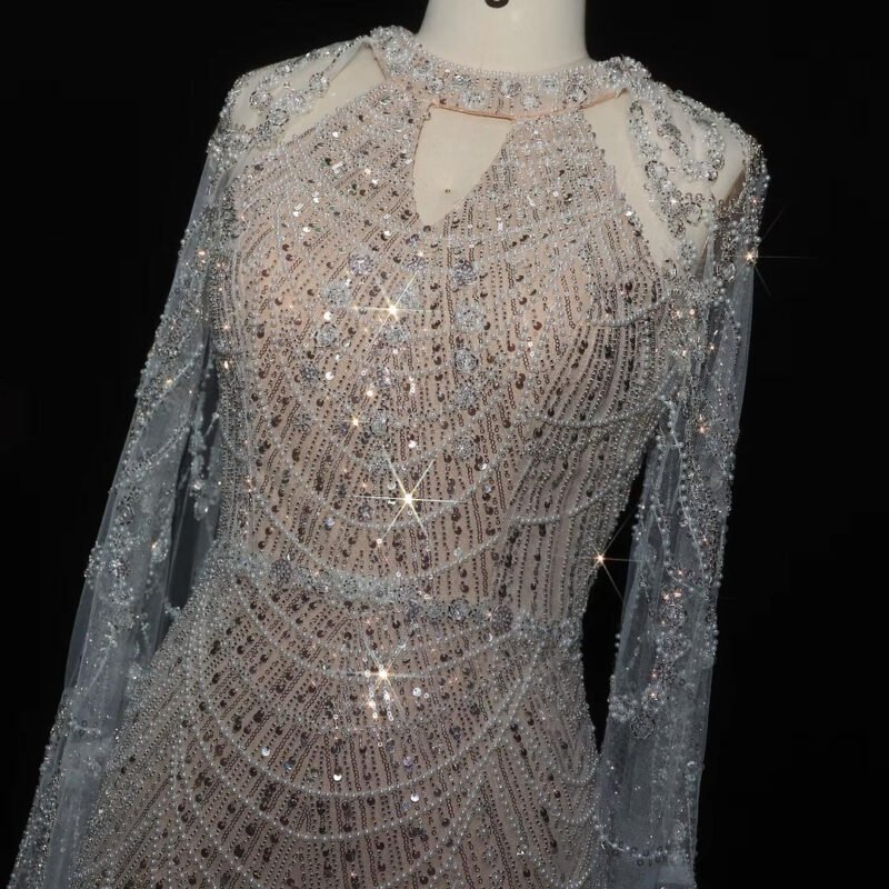 Stunning Champagne Evening Gown With Flowing Sleeves