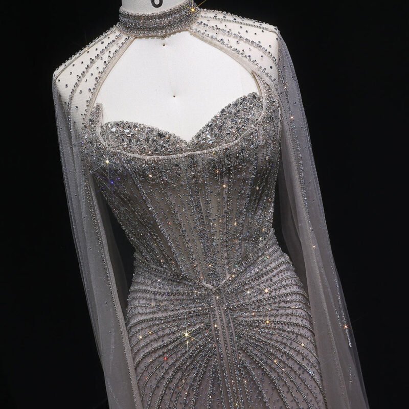 Luxury Crystal Grey Green Evening Dress With Cape Sleeves
