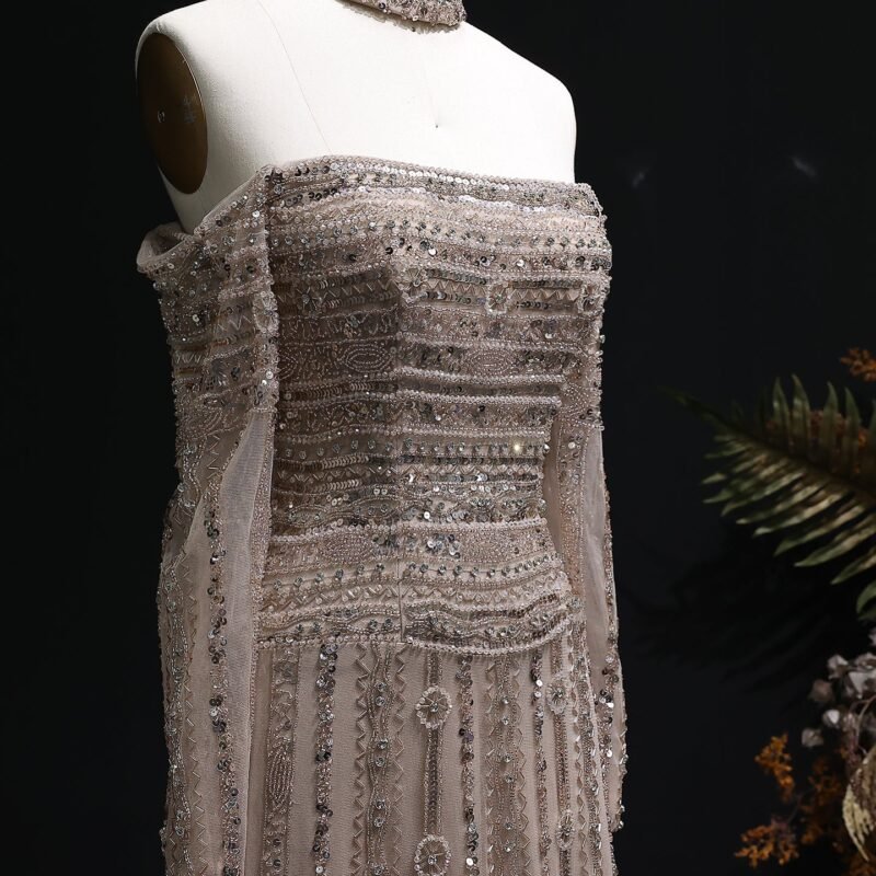 Luxury Heavy Beaded Champagne Elegant Evening Dress With Choker & Long Sleeves