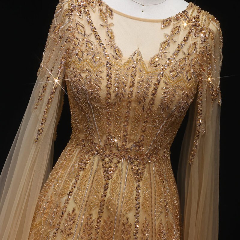 Luxury Dubai Beaded Brown Evening Dress with Cape Sleeves