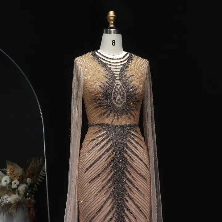 Luxury Beaded Turquoise Mermaid Evening Dress With Cape Sleeves