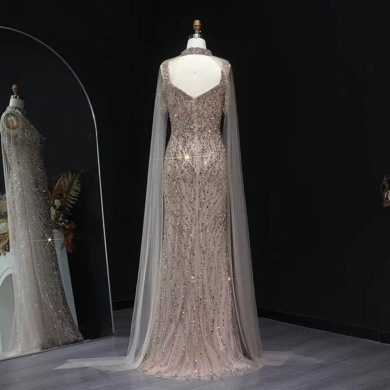 Pink Arabic Mermaid Evening Dress with Cape Sleeves