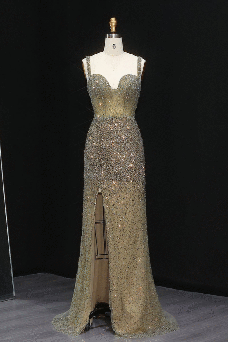 Luxury Crystal Champagne Mermaid Evening Dress with Slit – Elegant Formal Gown