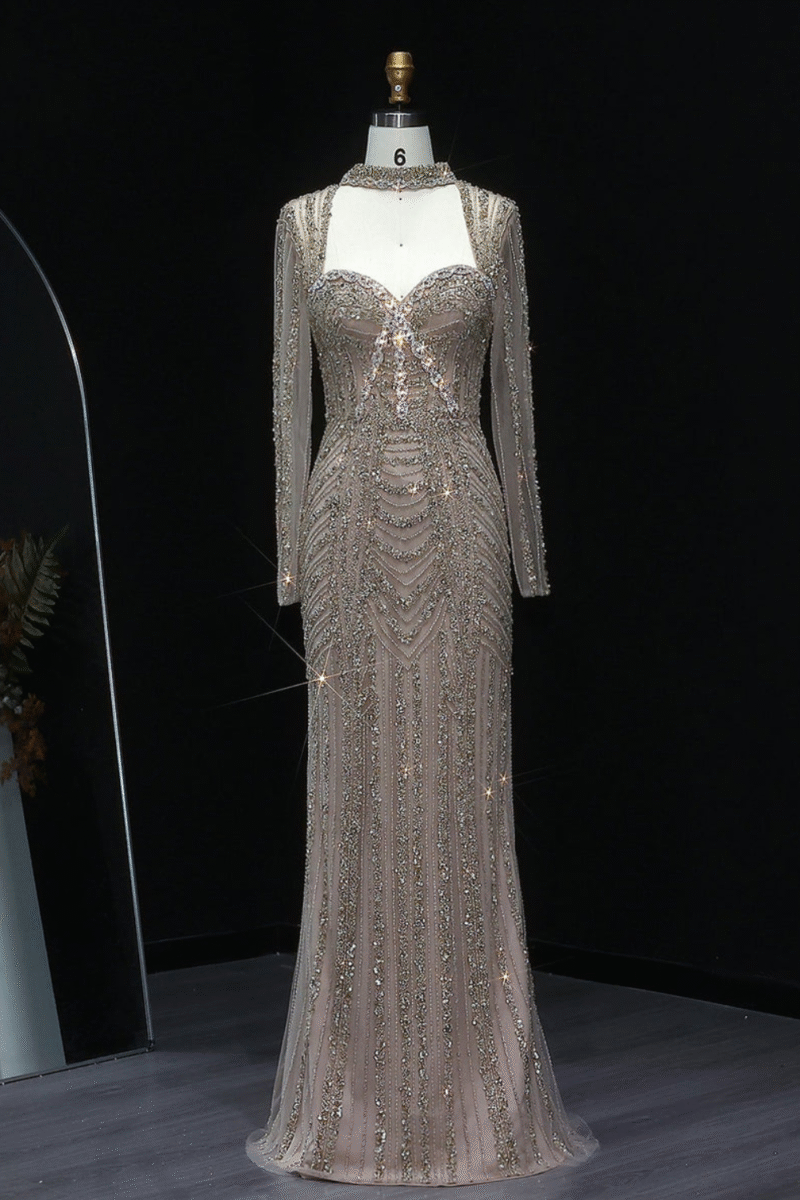 Arabic Champagne Long Sleeves Luxury Evening Dress for Women
