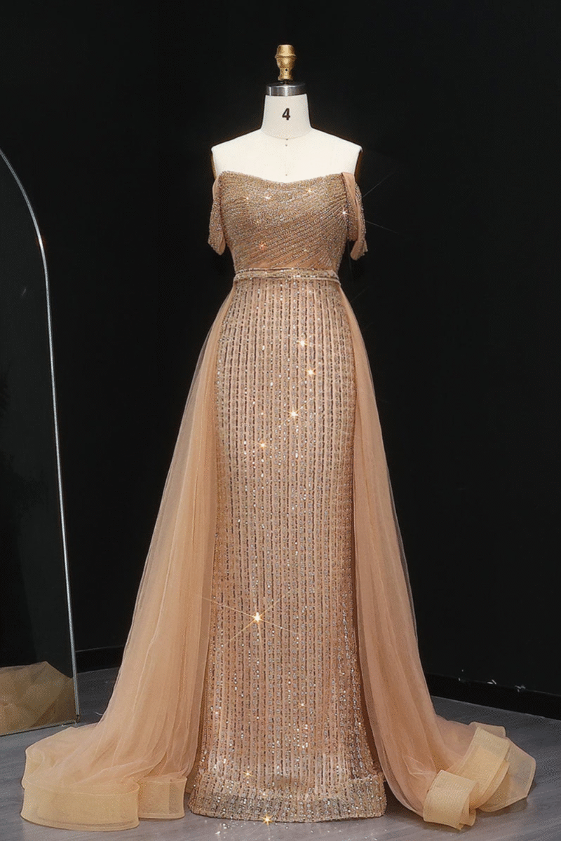 Luxury Beaded Champagne Off-Shoulder Evening Dress with Overskirt