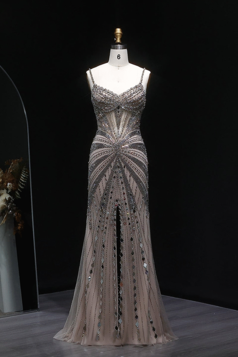 Luxury Beaded Champagne Evening Dress with Spaghetti Straps